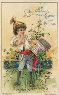 Picture series Recent Kitchen Arrangement, card depicting a child in period clothing holding a can
