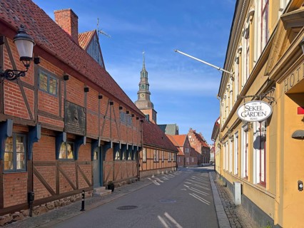 A historic old town with half-timbered houses and a church under a blue sky, Wallander, crime