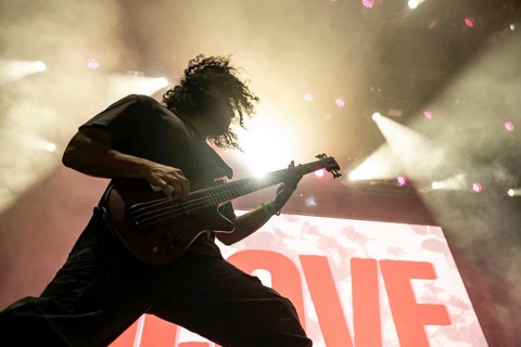 Bass player Skyler Acord from the US post-hardcore band Letlive on the Orbit Stage during the Rock