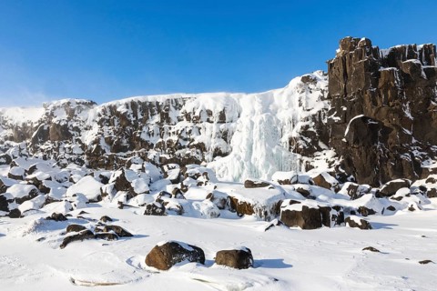 Öxarárfoss, frozen waterfall, lava rock, rock, snow, frost, winter, Golden Circle, Iceland,