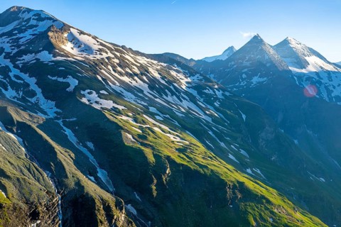 View of snowy mountains on the Grossglockner High Alpine Road in the Alps, Fusch, Salzburg, Austria