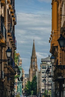 A street in the old town with a view of the Cathedral of the Good Shepherd (Catedral del Buen