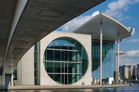 Banks of the Spree with Marie-Elisabeth-Lüders House in the Government District, Berlin