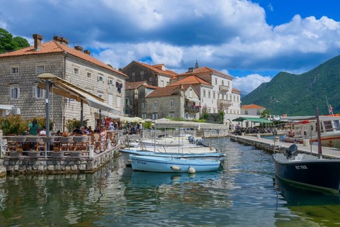 Harbour and boats at Boka Kotor bay (Boka Kotorska), Perast, Montenegro