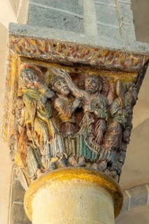 Capital of romanesque church of Saint Nectaire, DoubtingThomas, Puy de Dome, Auvergne Rhone Alpes,
