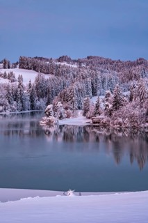 Dawn and sunrise at the wintry Forggensee in a snow-covered winter landscape in the foothills of
