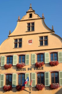 Town Hall with blooming pelargoniums outside the windows, Turckheim, Haut-Rhin, Alsace, Grand Est,