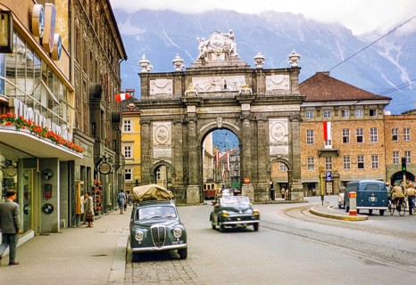 Triumphal arch in Maria-Theresien-Straße street city centre of Innsbruck, Austria, Europe 1950s