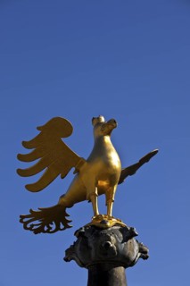 Gilded imperial eagle as a fountain eagle on the market fountain, Old Town, Goslar, UNESCO World