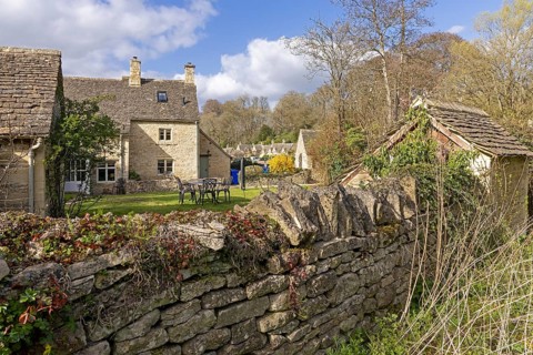 Houses, Arlington Row from behind, Cotswold Stone, Bibury, The Cotswolds, England, Great Britain