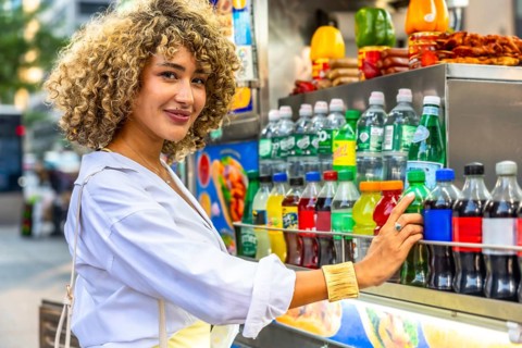 Woman with curly hair smiling while reaching for a cold bottled drink from a vibrant street food