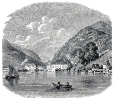 Steel engraving from 1840 depicting Ebensee am Lake Traun in Upper Austria, authentic,