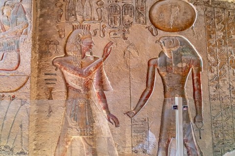 Reliefs in the ancient Egyptian tomb of Pharaoh Ramesses IV in the Valley of the Kings near Luxor,