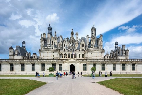 Southeast view, detailed view of the monumental Renaissance Château de Chambord castle with its