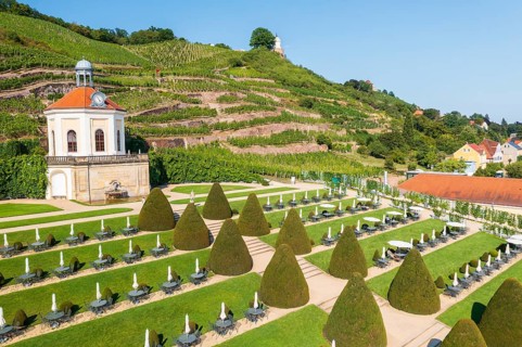Aerial view of Belvedere in the vineyard with Jacobstein vineyard pavilion, Wackerbarth Castle