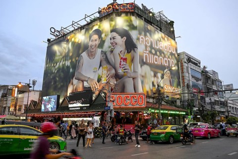 Street scene on Khaosan Road, blue hour, Bang Lamphu, Bangkok, Thailand