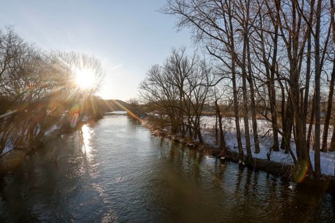 Lünen, North Rhine-Westphalia, Germany - Sunny winter landscape in the Ruhr area, sunset with ice
