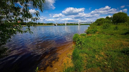 City of Kimry-Savelovo, Tver region, bridge over the Volga river, mobile photo