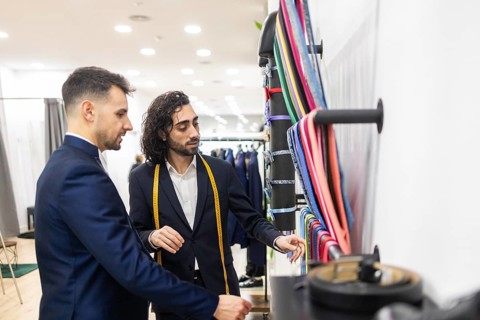 A tailor helps a client choose a suit in a suit store with colorful ties. Both are dressed in