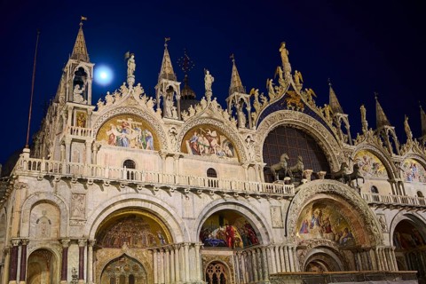 View from 'San Marcus' Place over to the Church of 'San Marco' in Venice by night in winter, Italy