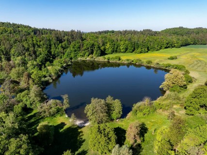 Aerial view of Buchensee also known as Güttinger See, a bathing lake near Radolfzell on Lake