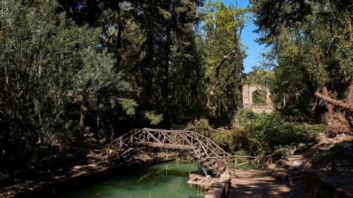 Wooden bridge over water in a shady forest with ruins, Rodini Park, City Park, Rhodes Town, Rhodes,