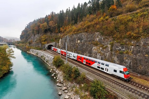Double-decker train of the S-Bahn Vorarlberg of the Austrian Federal Railways ÖBB Eisenbahn