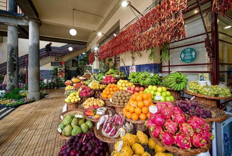 Fruit and vegetables, Mercado dos Lavradores market hall, interior view, Funchal, Madeira, Portugal