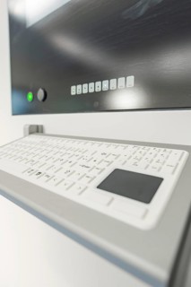 Close-up of a medical keyboard in front of a monitor, operating room in the new Calw hospital, Calw