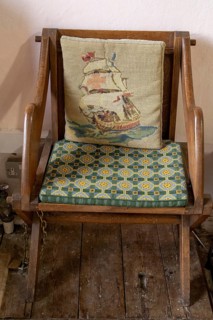 Interior view, chair, seat cushion, St Mary's Church, Bibury, The Cotswolds, England, Great Britain