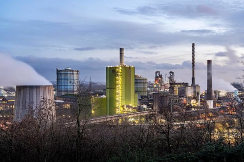 Panorama of the Thyssenkrupp Steel steelworks in Duisburg-Bruckhausen, in front the gas-fired power