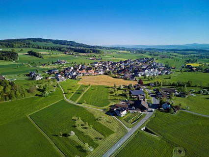 View of the village with Lindenberg in the back, Abtwil, Freiamt, Canton of Aargau, Switzerland