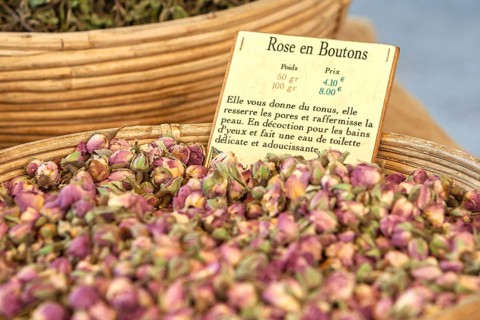 Dried rosebuds (Rosa damascena, Provence rose), traditionally sold at markets in Provence,