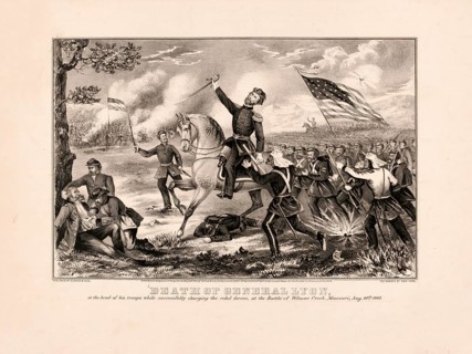 Death of General Nathaniel Lyon at the head of his troops during the Battle of Wilson's Creek on