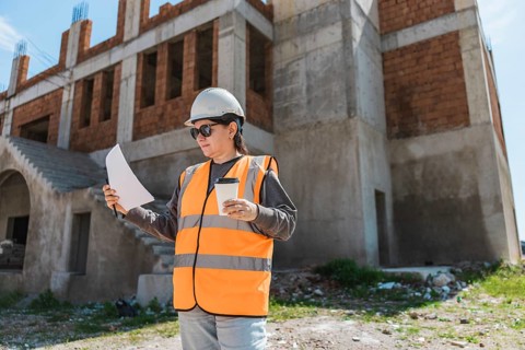 Woman in a hard hat and reflective vest examines construction plans at a building site. The