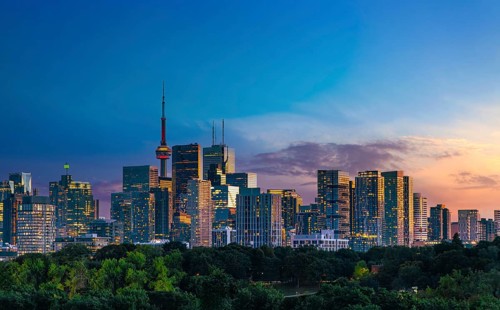 Panoramic view of the downtown Toronto financial center skyline with modern skyscrapers