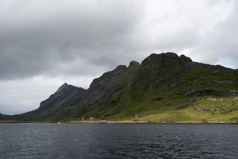 Fjord landscape with mountains, Reinefjord, Lofoten, Norway