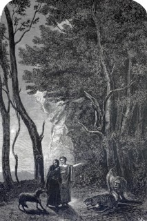 Dante Alighieri and his guide Virgil in the dark forest. The scene captures the moment when the