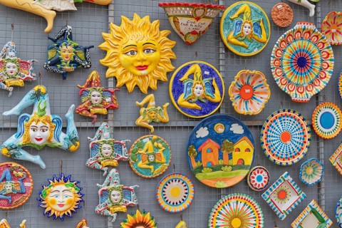 Ceramic souvenirs on display, Taormina, Sicily, Italy