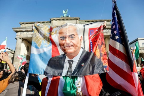 Demonstration by Iranians against the Iranian regime, with posters by Prince Reza Pahlavi, Berlin,