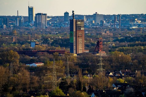 View over the Ruhr area from Gelsenkirchen in south direction to Essen, in front the Nordsternpark,