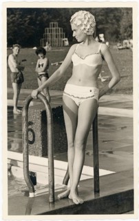 Bathing, swimwear, leisure, summer, outdoor pool, woman standing elegantly at the edge of a pool