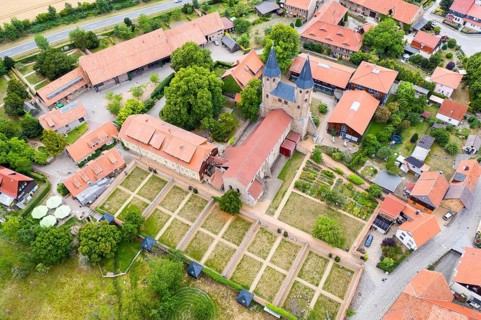 Aerial view of the monastery with monastery church St Vitus, Drübeck, Ilsenburg, Harz,