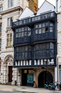 The Jacobean timber-framed facade of Prince Henry's Room, one of the few buildings to survive the