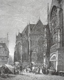 Old town market in Braunschweig. On the right, you can see the Gothic Old Town Hall with its