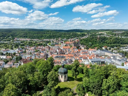 Aerial view of the town of Sigmaringen with the baroque Josef Chapel and the Hohenzollern Castle