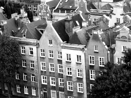 View of the roofs and facades of the historic old town of Gdansk in black and white, Danzig, Poland