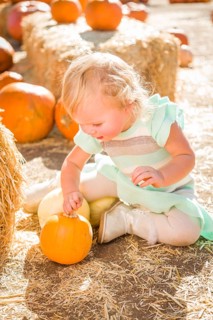 Adorable Baby Girl Having Fun in a Rustic Ranch Setting at the Pumpkin Patch