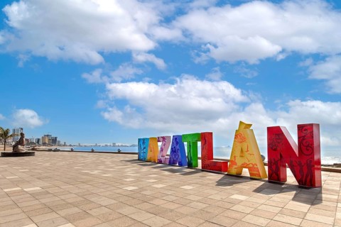 Mazatlan, Mexico-10 March, 2020: Big Mazatlan Letters at the entrance to Golden Zone (Zona Dorada),