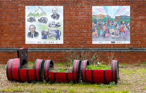 Heritage posters portraying local history, Lincoln railway station, city of Lincoln, Lincolnshire,
